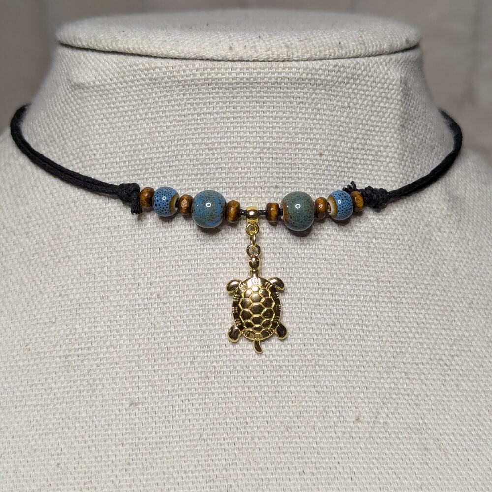 Gold Turtle Stainless Steel Ceramic Beaded Boho Hippie Choker Stacking Necklace